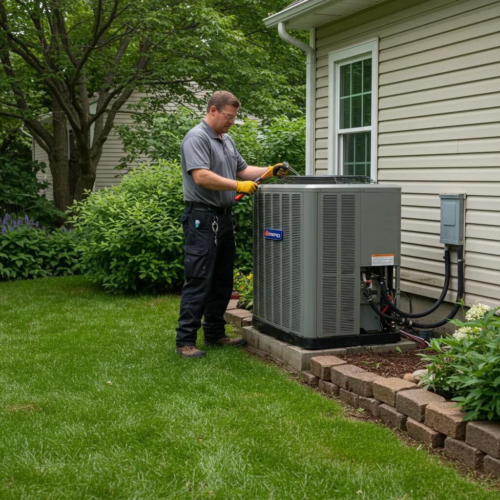 Technician performing HVAC maintenance on an air conditioning unit in a Wisconsin home