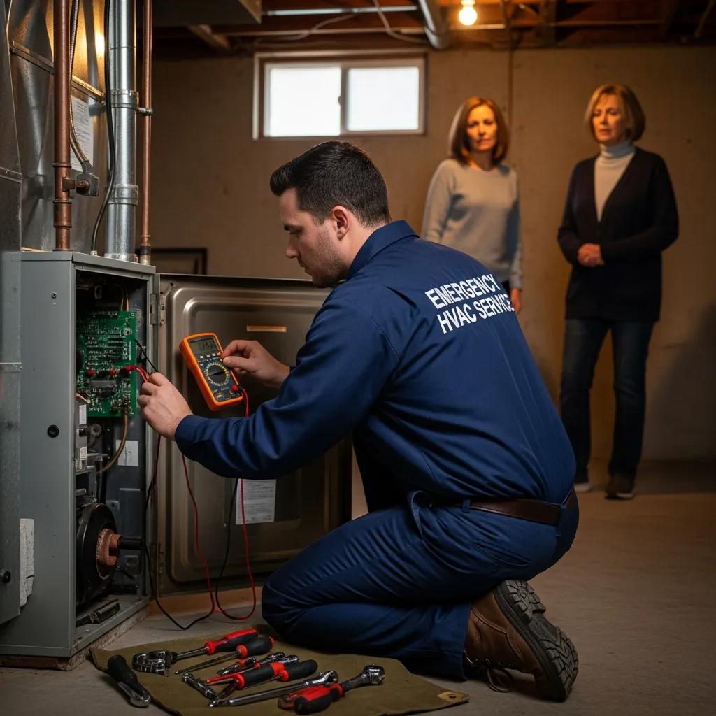 Emergency technician inspecting a furnace, emphasizing the importance of prompt repair services