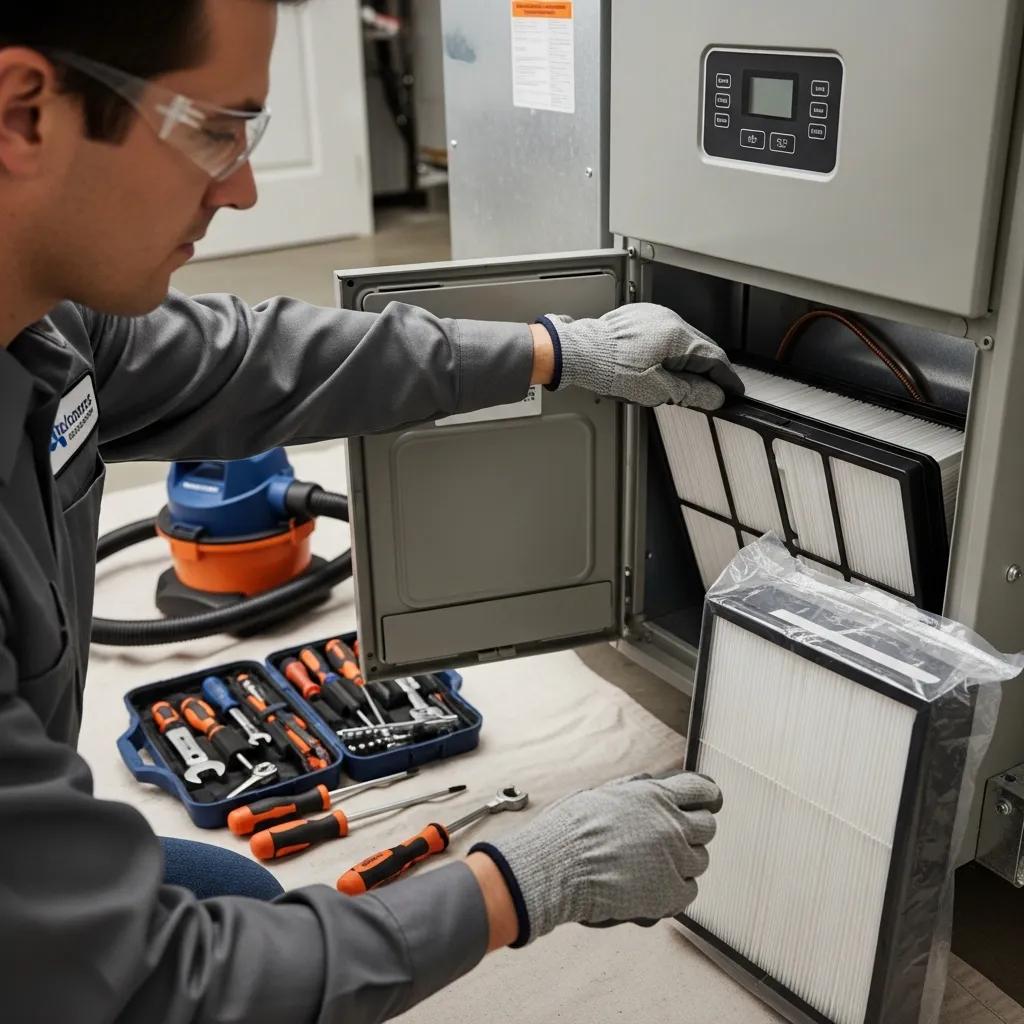 Technician performing furnace maintenance, highlighting the importance of regular inspections and care