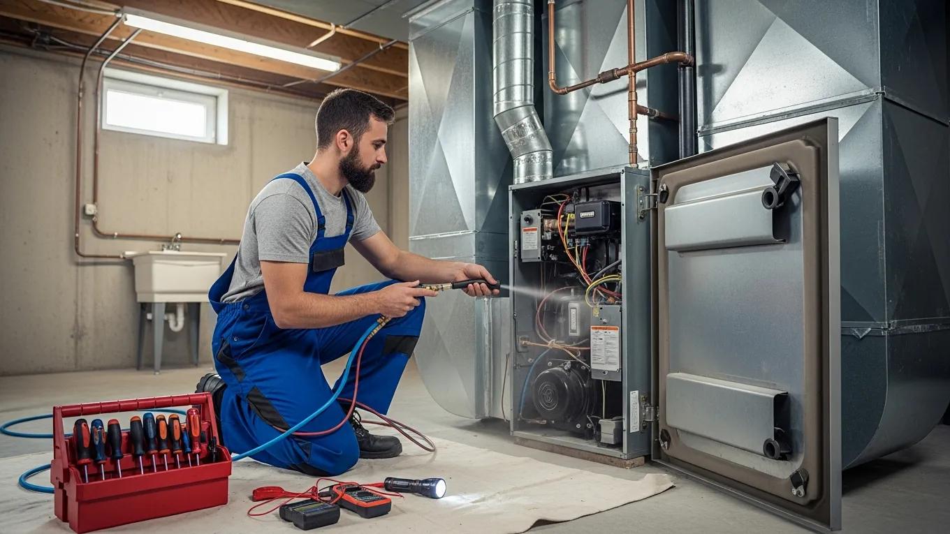 Technician performing preventative HVAC maintenance in a residential setting