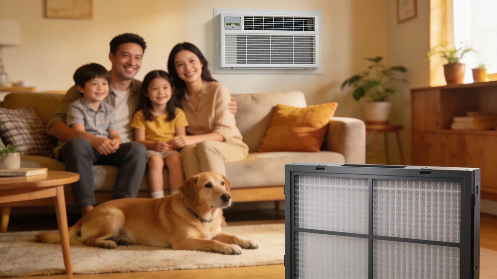 Family enjoying a healthy indoor environment with an HVAC air filter in the background