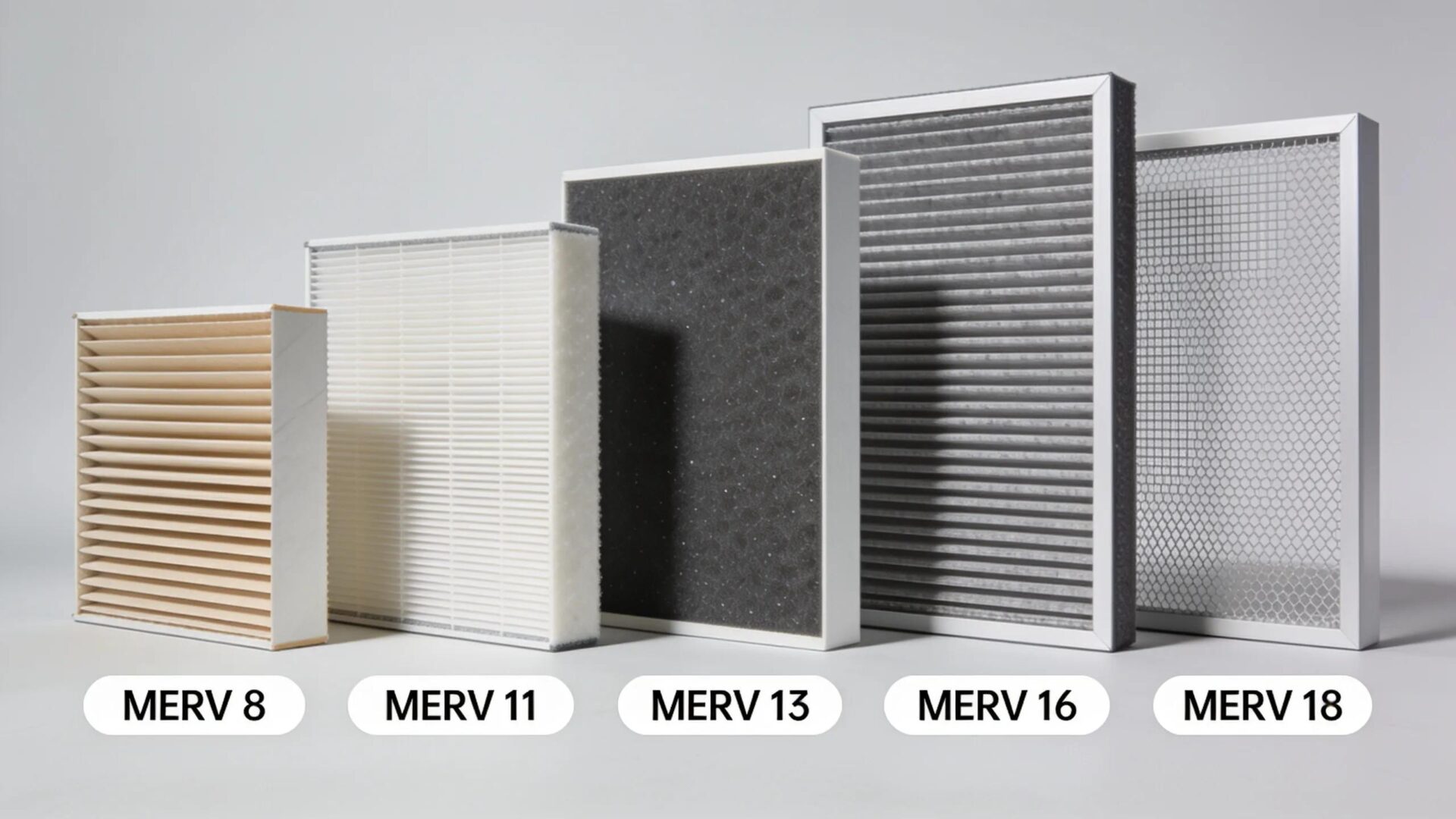 Choosing the Right HVAC Air Filter: MERV Rating Explained Different types of HVAC air filters showcasing various MERV ratings and designs