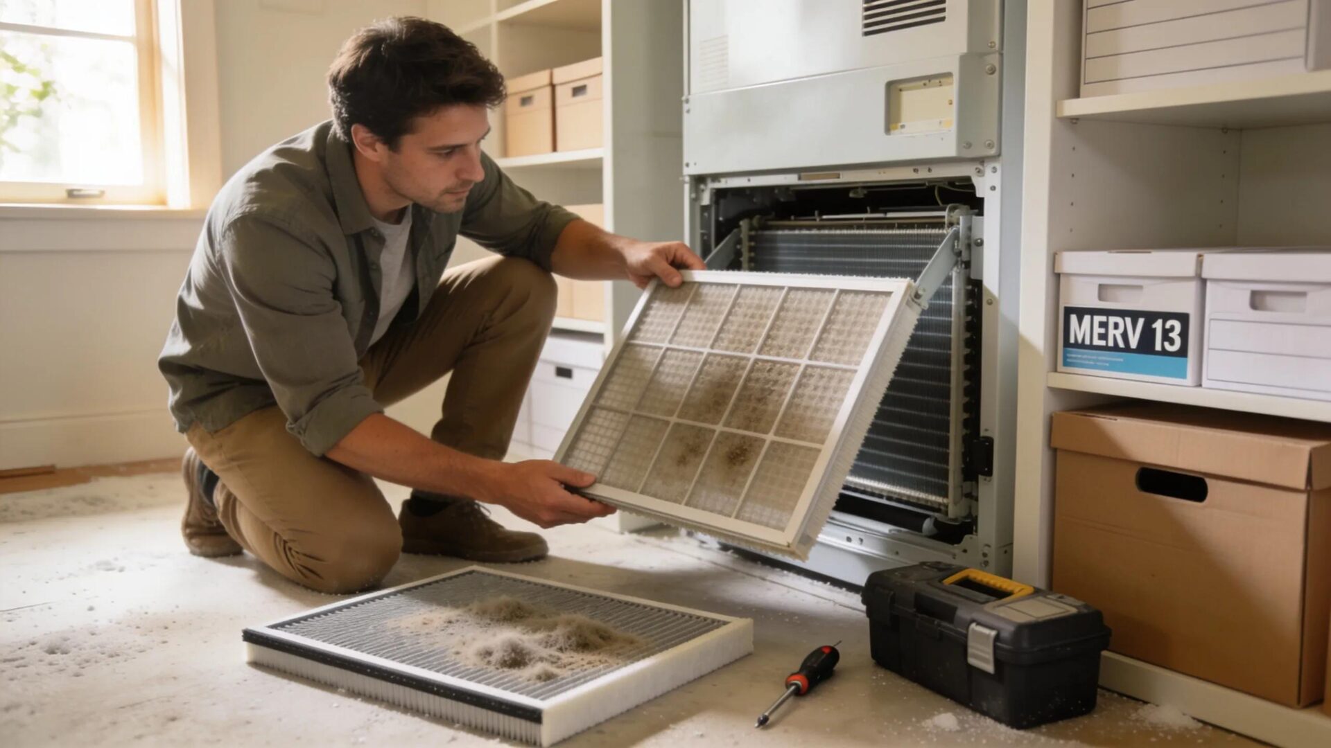 Choosing the Right HVAC Air Filter: MERV Rating Explained Person replacing an HVAC air filter, demonstrating best maintenance practices for air quality